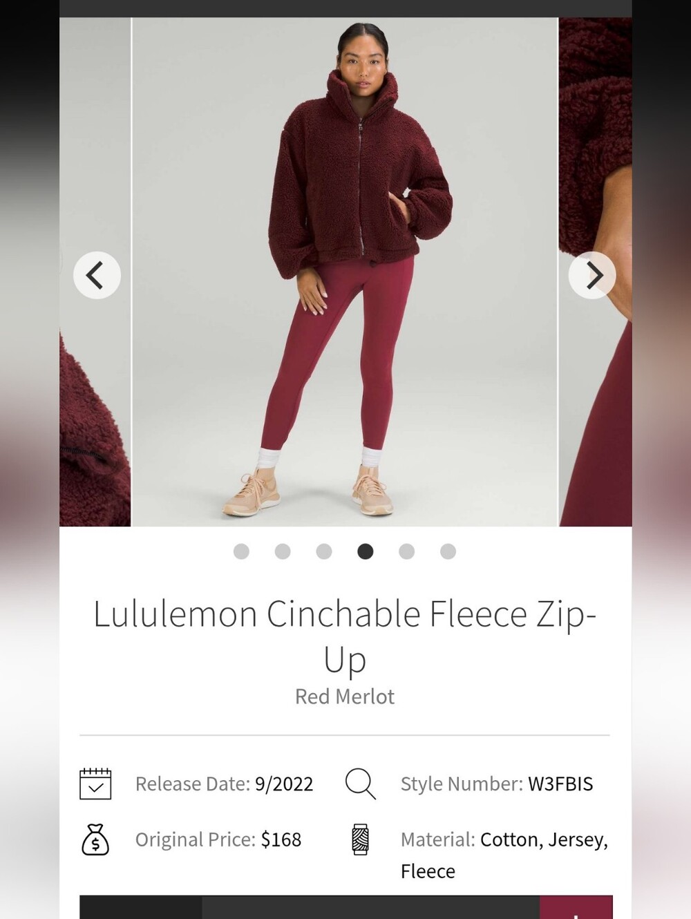 NWOT Lululemon Athletica Cinchable Fleece Zip-Up Teddy Jacket — Red Merlot Sz S